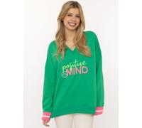 Hoodie ZWILLINGSHERZ "Positive Mind", Damen, Gr. XXL/XXXL, grün, Sweatware, Obermaterial: 50% Baumwolle, 50% Polyester, bequem hüftlang, V-Ausschnitt, Sweatshirts Hoodie, neonfarbenen Bündchen, V-Auss