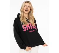 Hoodie ZWILLINGSHERZ "Smile", Damen, schwarz, Sweatware, Obermaterial: 65% Baumwolle, 35% Polyester, Sweatshirts Hoodie, Kapuze, lange Ärmel, elastische Bündchen, großer Neon-Print (55397531-0) schwar