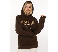Hoodie ZWILLINGSHERZ "Smile Sparkle", Damen, Gr. L/XL, braun, Sweatware, Obermaterial: 50% Baumwolle, 50% Polyester, Sweatshirts Hoodie, glänzender Print, Fronttasche, Kapuze, Daumenloch (73463352-L)