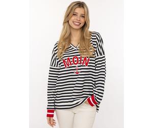Hoodie ZWILLINGSHERZ "Streifen Moin", Damen, Gr. L/XL, marine, Sweatware, Obermaterial: 50% Baumwolle, 50% Polyester, comfort fit Po-bedeckend, V-Ausschnitt, angesetztes Bündchen, Sweatshirts Hoodie,