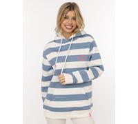 Hoodie ZWILLINGSHERZ "Streifen Smile Everyday", Damen, Gr. S/M, blau (jeans), Sweatware, Obermaterial: 50% Baumwolle, 50% Polyester, Sweatshirts Hoodie, Blockstreifen, pinke Stickerei, Kängurutasche,