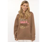 Hoodie ZWILLINGSHERZ "Wild Brave Free", Damen, Gr. S/M, mittelbraun, Sweatware, Obermaterial: 50% Baumwolle, 50% Polyester, bedruckt, bestickt, unifarben, bequem hüftbedeckend, ohne Ausschnitt, angese