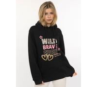 Hoodie ZWILLINGSHERZ "Wild Brave Free", Damen, Gr. S/M, schwarz, Sweatware, Obermaterial: 50% Baumwolle, 50% Polyester, bedruckt, bestickt, unifarben, bequem hüftbedeckend, ohne Ausschnitt, angesetzte