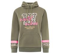 Hoodie ZWILLINGSHERZ "Wild Vibes College", Damen, Gr. L, grün (khaki), Obermaterial: 50% Baumwolle, 50% Polyester, Sweatshirts Hoodie, Frontmotiv, Leo Details, Kapuze mit Kordel, Streifen am Arm (9436