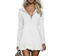 Hoodies Dresses for Women Casual Half Zip Long Sleeve V Neck Ruffle Tshirt Dress Fashion Spring Outfits Clothes Casual Athletic Golf Half Zip Tunic Dress (White,XXL)