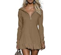 Hoodies Dresses for Women Casual Half Zip Long Sleeve V Neck Ruffle Tshirt Dress Fashion Spring Outfits Clothes Casual Athletic Golf Half Zip Tunic Dress (Khaki,XL)