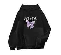 Hoodies Für Damen Damen süßes Sweatshirt Kawaii Langarm Hoodie Schmetterling Druck Pullover Tops für Teenager Frauen Kleidung mit Tasche Sweatshirt Jacke (Black, XXXL)
