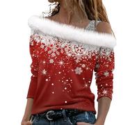 Hoodies Für Damen Weihnachtskleid Rückenfreies Oberteil Elegant Weihnachten 3D Druck Plüsch Schulterfrei Langarm Pulli Shirt Mit Schulterriemen Xmas (Vermilion, M)