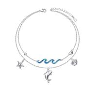 HOOHWE Fußkettchen für Damen Silber 925 Verstellbar Delphine Fußkette Mehrlagig Blau Opal Wellen Fussketten für Frauen Strand Schmuck