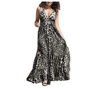 Hoothy-Herren Print Leopard Frauen ohne Positionierung Sleevless Sling Lange Kleid V-Beck Frauenkleider