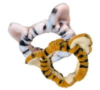 HOOTNEE 2 Stück Damen Plüsch Haarband mit Tigerohren Elastisches Make Up Stirnband Breit Stretch Kopfwickel für Gesichtswaschen und Spa