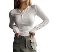 HOOUDO Angebote des Tages Heute 2023 Langarm-Shirts für Damen, V-Ausschnitt, Oberteile, schmale Passform, Basic-Rippstrick-T-Shirts mit Knopfleiste Damen Bluse Große Größen BO Mein Bestellung Sale