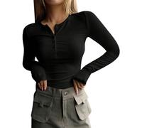 HOOUDO Angebote des Tages Heute 2023 Langarm-Shirts für Damen, V-Ausschnitt, Oberteile, schmale Passform, Basic-Rippstrick-T-Shirts mit Knopfleiste Damen Bluse Große Größe Sale Angebote Bestellung