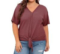 HOOUDO Angebote des Tages Heute Damen-Oberteile in Übergröße, kurzärmelig, V-Ausschnitt, Strick-Tunika-Bluse, zum Binden vorne und mit Knöpfen Spitzenshirt Musselin Bluse D Sale Angebote Bestellung
