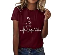 HOOUDO Angebote des Tages Heute Damen-T-Shirt mit Aufschrift „Love Cat“, kurzärmelig, Rundhalsausschnitt, modisches Oberteil, leicht, weich, lässig, Sommerkleidung Rotes to Sale Angebote Bestellung