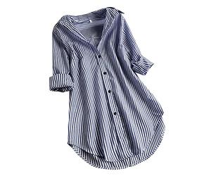 HOOUDO Angebote des Tages Heute Knopfkragen Top Damen Bluse Lange Hemden Ärmel Streifen Lose Turn-down Damenbluse Kleid Olivgrün White Shirt Women Hemdbluse Damen Lang Crop Sale Angebote Bestellung