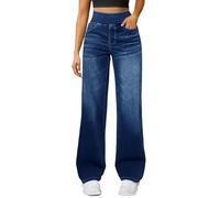 HOOUDO Baggy Jeans Damen, Damen Straight Leg Jeans, Stylische Hohe Taille Gerades Bein Weitem Bein Weitem Bein Pull On Jeanshose klassisch Große Größen Schlaghose mit 4 Taschen Blau XXL