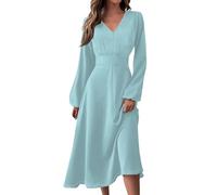 HOOUDO Damen 2024 V-Ausschnitt Langarm und Fließendes Swing Mode Elegant Lässig Langes Kleid für Damen Kleid Übergröße Elegante Freizeitkleider Sommerkleid Maxi Mit Ärmel