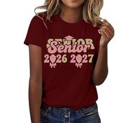 HOOUDO Damen Basic V-Ausschnitt T-Shirt Mit Kurzen 2026, Der Abschlussklasse Freizeit-T-Shirt Für Lehrer Im Abschlussjahrgang, (Wine, XL) Bluse Tupfen Chiffon Tunika Rüschen Oberteil Aufdruck