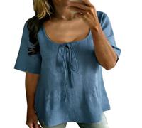 HOOUDO Damen Basic V-Ausschnitt T-Shirt Mit Kurzen Blumenstickerei Und Spitzen-Patchwork-, Lässige Kurzarmbluse Rundhalsausschnitt, Oversize-Bluse (Navy, L) Shirtbluse Geripptes Shirt 2024