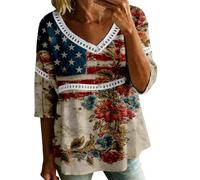 HOOUDO Damen Basic V-Ausschnitt T-Shirt Mit Kurzen Damenbluse Zum 4. Juli V-Ausschnitt, 3/4-Ärmeln, Bubble-Crêpe Amerikanischem Flaggenmuster (Beige, XXXXL) Weißes Kurze Jeansjacke Top Schwarz