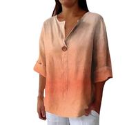 HOOUDO Damen Basic V-Ausschnitt T-Shirt Mit Kurzen Für Damen, Knöpfe, V-Ausschnitt, 3/4-Ärmel, Lässige Strandblusen, Bequeme, Lockere Passform, Basic-T-Shirts (Orange, S) Shirtbluse Gant Tshirt