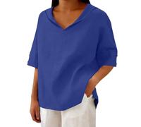 HOOUDO Damen Basic V-Ausschnitt T-Shirt Mit Kurzen V-Ausschnitt, Reverskragen, Einfarbig, Baumwoll-Leinen-Mischgewebe, Locker Geschnitten, Kurzarm (Blue, XL) Oversized Tshirt Sommer Whisky Bluse