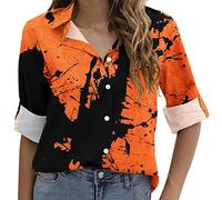 HOOUDO Damen Langarm Oberteil Frauen, lockere V-Ausschnitt-Hemden, lässige Roll-Up-Kragen-Tops mit Tasche Ärmellose Hemden (Orange, S)