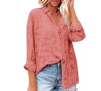HOOUDO Damen Langarm Oberteil Knopf Festes Chiffon Langarmhemd Top Weiße Bluse Damen Mit Kragen