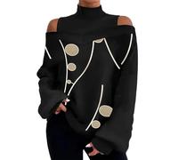 HOOUDO Damen Langarmshirt Gr. 44 Hochgeschlossenes, trägerloses, langärmliges T-Shirt-Oberteil für Damen mit Blumenmuster Damen Bluse Mit Gummizug Am