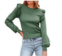 HOOUDO Damen-Pullover mit Rüschen an der Schulter und Langen Ärmeln, Rundhalsausschnitt, schmal geschnitten, 2023, gerippte Strickoberteile Top Schwarz Sexy Tischerts Frauen