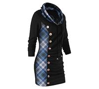 HOOUDO Damen Retro Mittelalter Kleid Frauen-Herbst-Winter-Lange Hülsen-Knopf-Plaid-Drucknähte-Sweatshirt-Blusen-Rollkragenoberteile Glitzer Hose