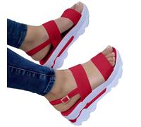 HOOUDO Damen Sandalen Sommer Wandersandalen Freizeit Plateau Keilabsatz Offene Zehen Atmungsaktive Knöchelriemen Schuhe Metallschnalle Strandsandalen (Red, 36) Abrollschuhe Breite Füße Ortho Sun