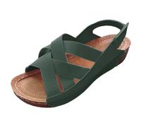HOOUDO Damen Sommer Bequem Keilabsatz Sandalen Casual Side Hollow Gürtelschnalle Flache Römische Schuhe Sommermode (Green, 43) On Treckingsandalen-Damen Ortho Sun Keilsandalen Schwarz Wandern