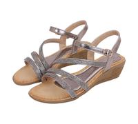 HOOUDO Damen Sommer Bequem Keilabsatz Sandalen Mit Strasssteinen, Ethno-Stil, Offener Zehenbereich, Dicker, Slope-Absatz, Damenschuhe (Grey, 41) Goldene Schuhe Weit Black Sneakers Women