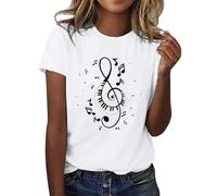 HOOUDO Damen-T-Shirt mit Musiknoten-Aufdruck, kurzärmelig, Rundhals-T-Shirt, modisches Oberteil, leicht, weich, lässige Sommerkleidung Vintage Damen Kleidung Tshirt 5 Jahre Mädchen
