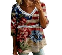 HOOUDO Damen T-Shirt V-Ausschnitt Elegant Oberteile Kurzarm Damenbluse Zum 4. Juli Mit V-Ausschnitt, 3/4-Ärmeln, Bubble-Crêpe Amerikanischem Flaggenmuster (Beige, XXXL) Super Kurze V-Ausschnitte