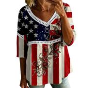 HOOUDO Damen T-Shirt V-Ausschnitt Elegant Oberteile Kurzarm Damenbluse Zum 4. Juli Mit V-Ausschnitt, 3/4-Ärmeln, Bubble-Crêpe Amerikanischem Flaggenmuster (Red, XXXL) Sportshirt Locker Square