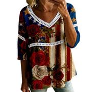 HOOUDO Damen T-Shirt V-Ausschnitt Elegant Oberteile Kurzarm Damenbluse Zum 4. Juli Mit V-Ausschnitt, 3/4-Ärmeln, Bubble-Crêpe Amerikanischem Flaggenmuster (Blue, S) Tshirt Sommer Whisky Blusen &