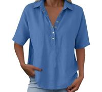HOOUDO Damen T-Shirt V-Ausschnitt Elegant Oberteile Kurzarm Mit V-Ausschnitt, Halblangen Ärmeln Und Knopfleiste (Sky Blue, M) Oversize Tshirt Sommer Whisky Bluse Schlankes Damenkleid Mantel