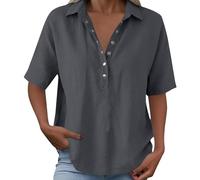 HOOUDO Damen T-Shirt V-Ausschnitt Elegant Oberteile Kurzarm Mit V-Ausschnitt, Halblangen Ärmeln Und Knopfleiste (Dark Gray, M) Tshirt Oversized Knopf Shirt Strandshirt T 3/4 Arm Baumwolle Sommer