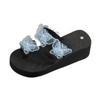 HOOUDO Damen Zehentrenner Sommer Flip Flops Frauen Bequem Schwimmbad Hausschuhe Große Größe Hohl Keil Sandalen Einfache Clip Toe Dicken Casual (Sky Blue, 36) Mit Fußbett Dunkelblau Absatz 37