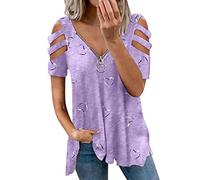HOOUDO Frauen Lässige Herzdruck V-Ausschnitt Reißverschluss Kurze Ärmel Riemen Kalte Schulter Hemdbluse Lose Tunika Top Grüne Bluse Damen Elegant