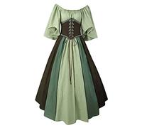 HOOUDO Gothic Kleid Damen Mittelalter Frauen Mode Kontrast Farbkleid Kurze Ärmeln solide farbige Kleidung Schnürung sexy Medievals Mittelalterliche Kleider Blau