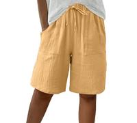 HOOUDO Musselin Shorts Damen Sommer Knielang, High Waist Kordelzug Elastische Taille Lässig Elegant Kurze Hose Baumwolle Hosen mit Taschen, Sweatshorts Damen Gelb S