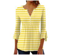HOOUDO Oberteile Damen Elegant Kurzarm Blusen Sexy 3/4-Ärmel, Gestreifte Hemden Mit Knopfleiste, Dreiviertellange -T-Shirts, Damenblusen (Yellow, XXL) Bigshirts Gant Tshirt Bluse Weiß Long