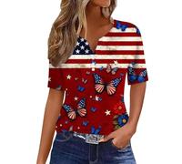 HOOUDO Oberteile Damen Elegant Kurzarm Blusen Sexy Bedrucktes Damen-Top Kurzarmbluse Damenbluse Kurzarm-T-Shirt V-Ausschnitt-T-Shirt (Watermelon Red, S) Bluse Festlich XXL Mit Flügelärmel Tshirt