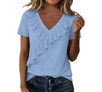 HOOUDO Oberteile Damen Elegant Kurzarm Blusen Sexy Damen-Tops Mit V-Ausschnitt, Kurzarm, Business- Und Freizeit-T-Shirts, Lockere (Sky Blue, XL) Bluse Sommer Katze Print Tshirt Damenshirt 3/4Arm