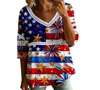 HOOUDO Oberteile Damen Elegant Kurzarm Blusen Sexy Damenbluse Zum 4. Juli Mit V-Ausschnitt, 3/4-Ärmeln, Bubble-Crêpe Amerikanischem Flaggenmuster (Red, XXXXXL) Tshirt Baumwolle Oversize Cowgirl