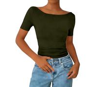 HOOUDO Oberteile Damen Elegant Kurzarm Blusen Sexy Mit U-Boot-Ausschnitt, Falten Und Figurformender Wirkung, Kurzen Ärmeln (Green, S) Top Weiss Black Tops for Girls Graphic Tee One Shoulder